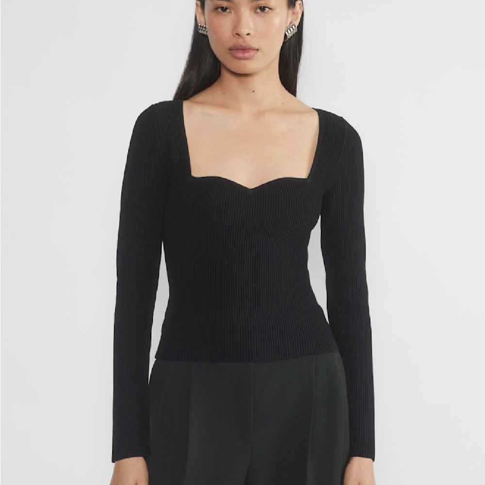 Aritzia Babaton Sculpt Knit Sweetheart Longsleeve Ribbed Black Blouse